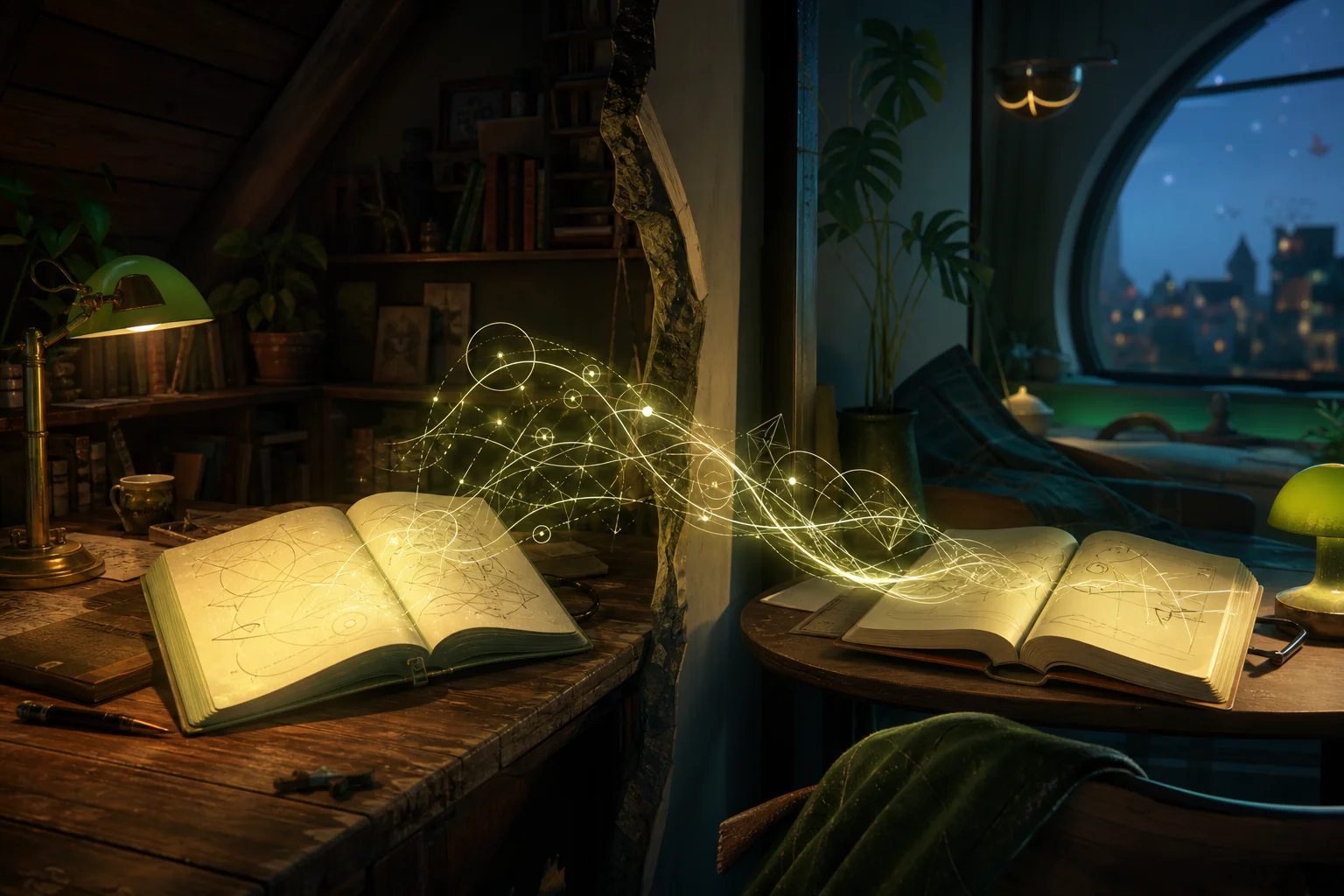 Illustration: two notebooks in different rooms syncing through ribbons of light