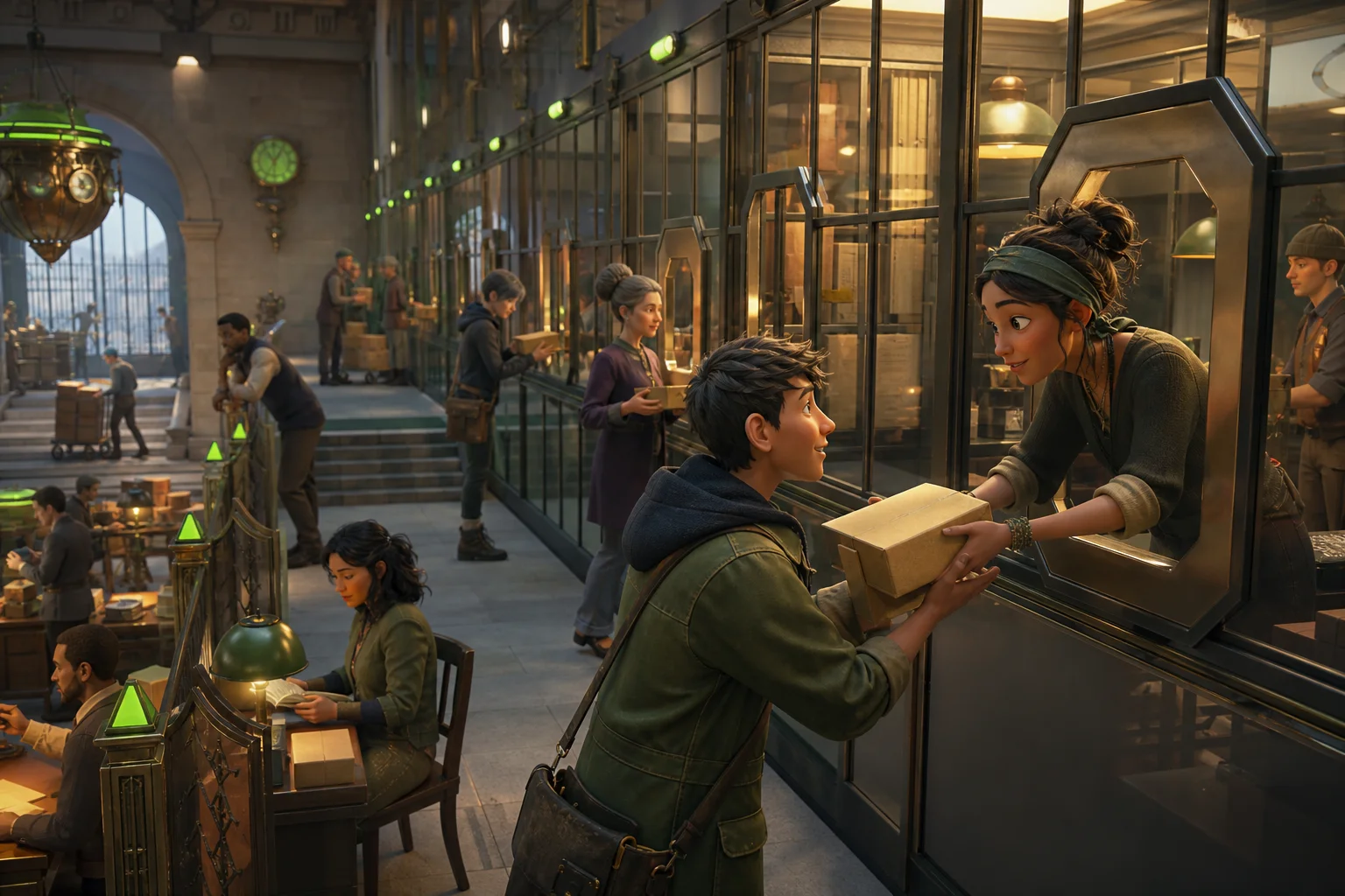Illustration: a great hall divided into clean glass-walled departments