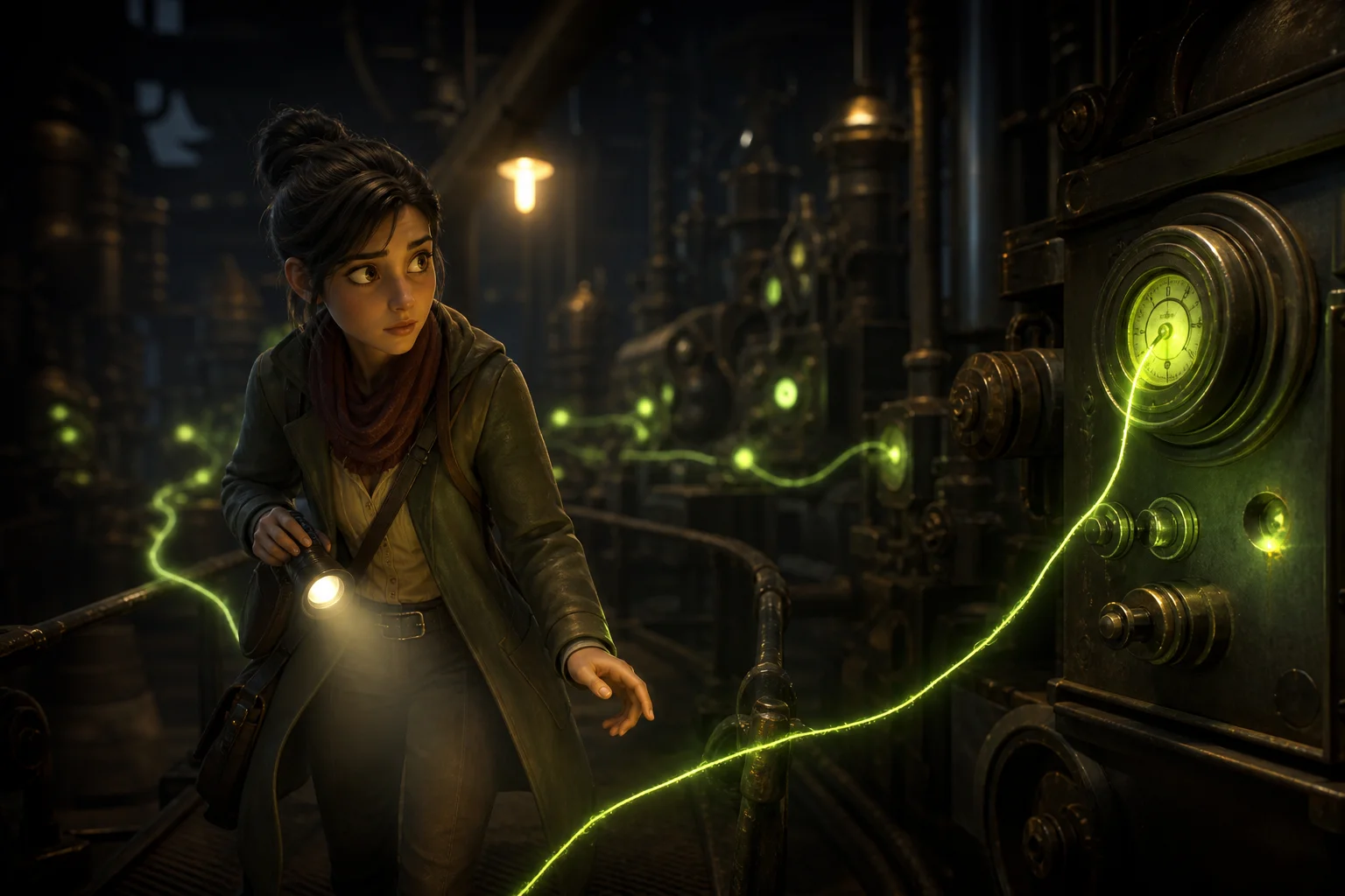 Illustration: a detective following a glowing thread through a dark warehouse