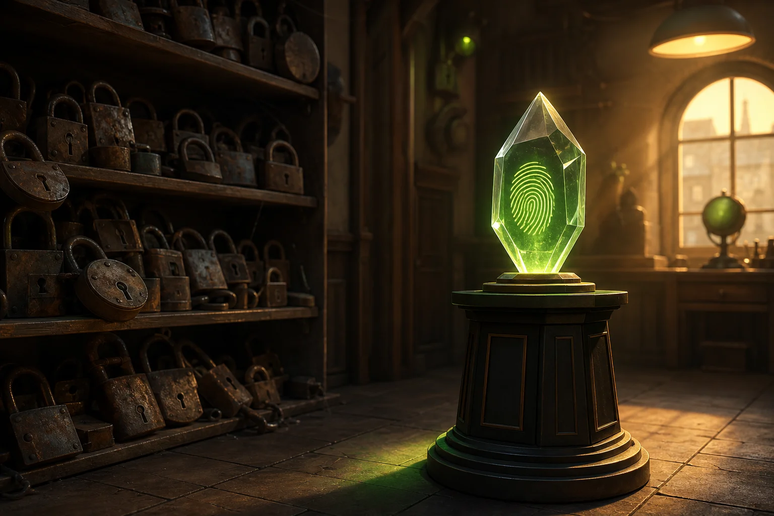 Illustration: old padlocks retired in favor of a glowing biometric pedestal