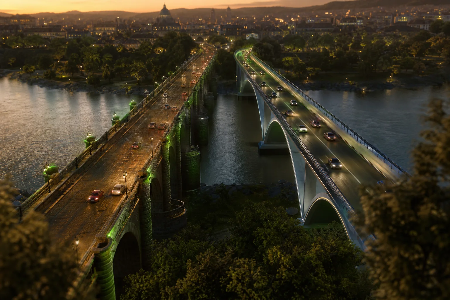 Illustration: traffic shifting lane by lane from an old bridge to a new parallel one
